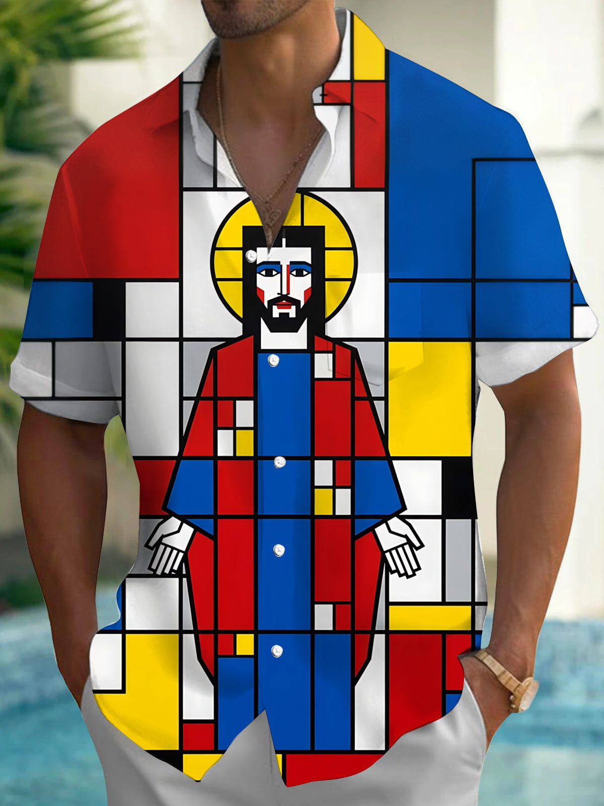 Geometric Funny Jesus Print Men's Pocket Short Sleeve Shirts
