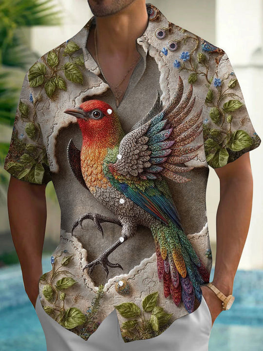 Bird Print Men's Pocket Short Sleeve Shirts