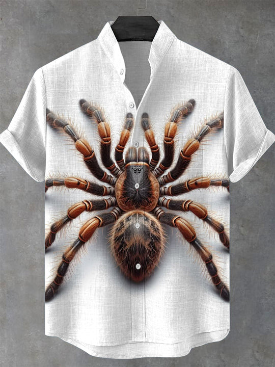 Spider Print Men's Pocket Short Sleeve Stand Collar Shirts