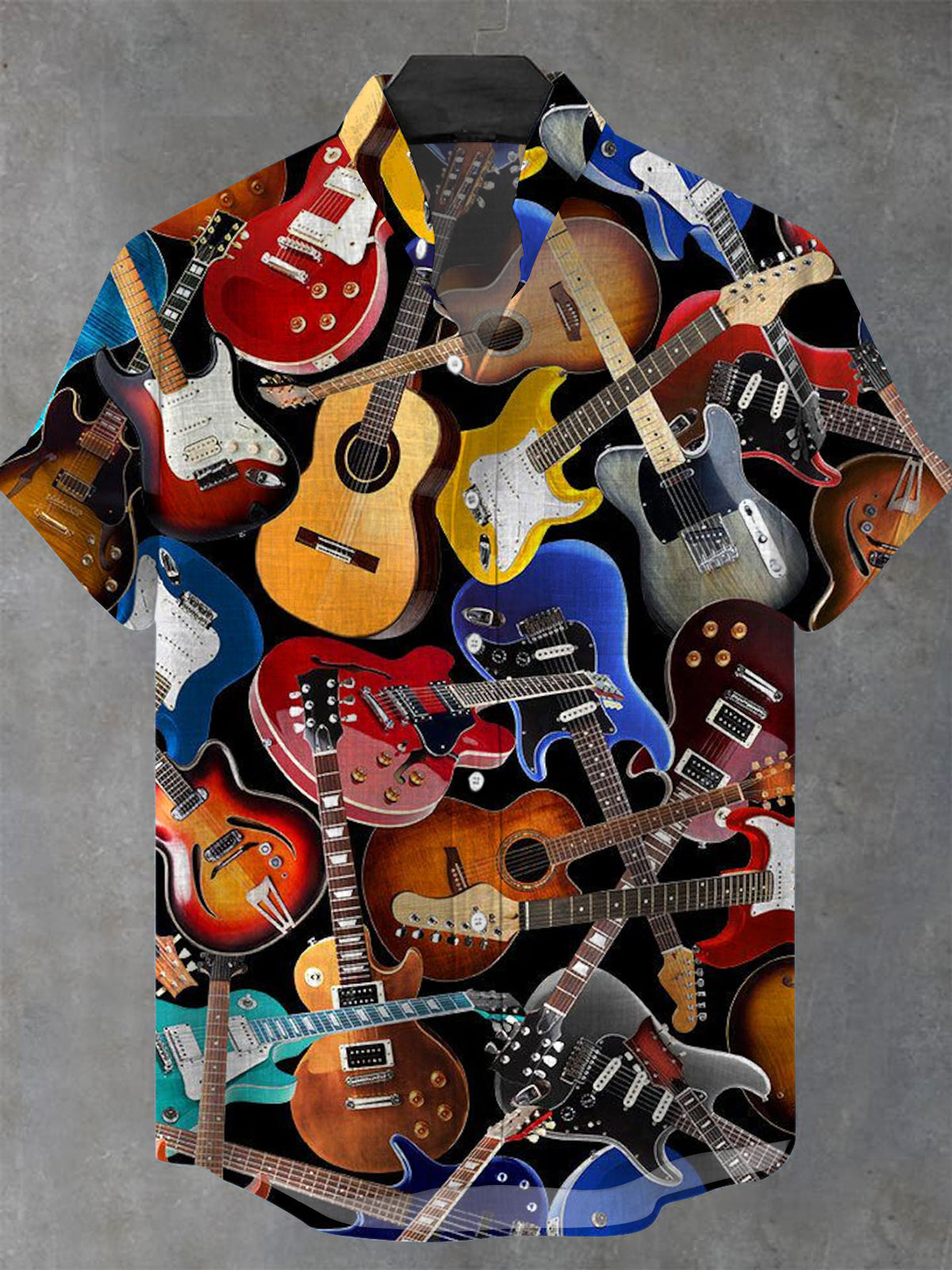 Guitar Print Men's Pocket Short Sleeve Stand Collar Shirts