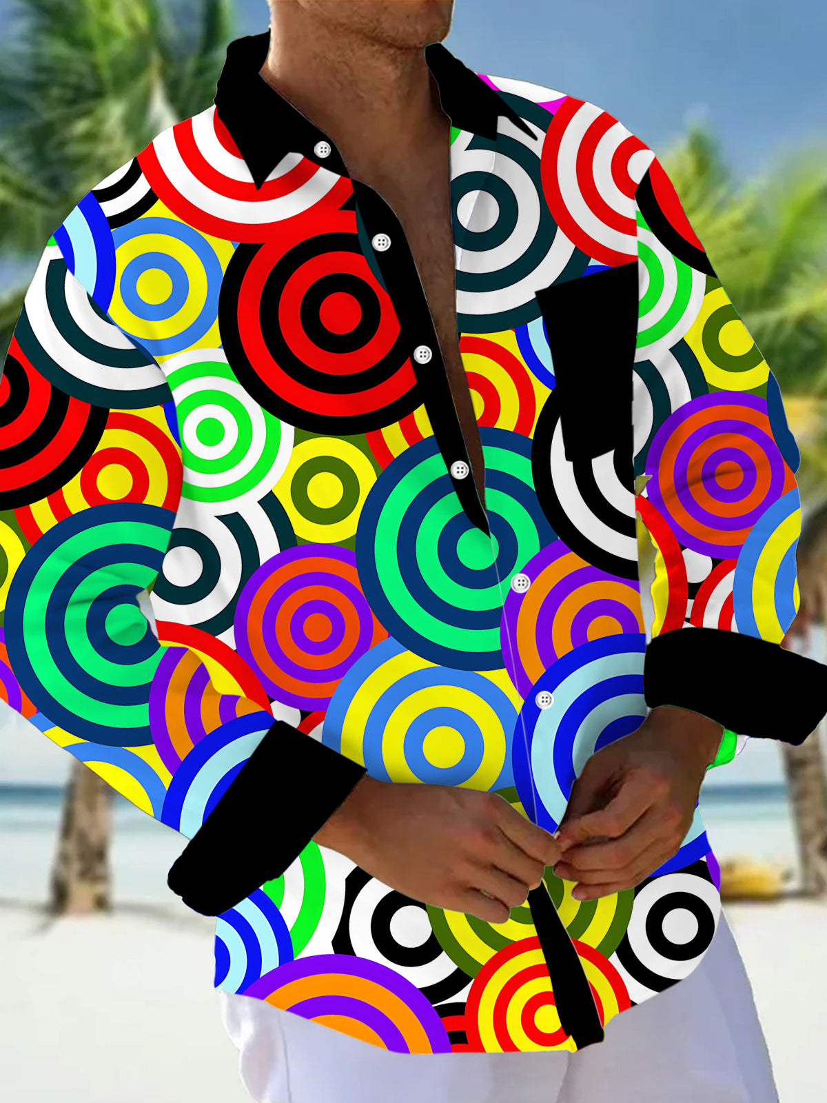 Colorful Geometric Print Men's Pocket Long Sleeve Shirts