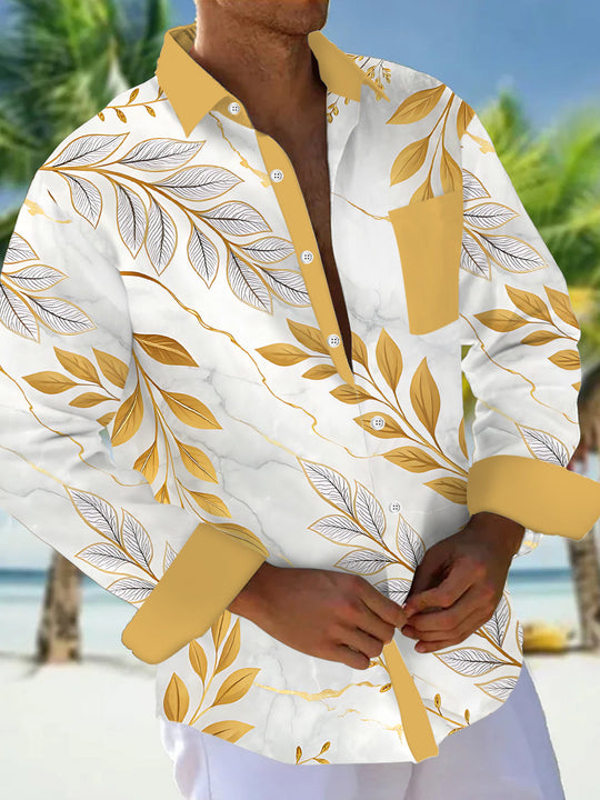 Plant Leaf Print Men's Pocket Long Sleeve Shirts
