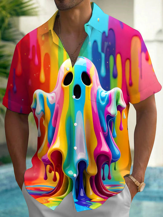 Halloween Colorful Ghost Print Men's Pocket Short Sleeve Shirts