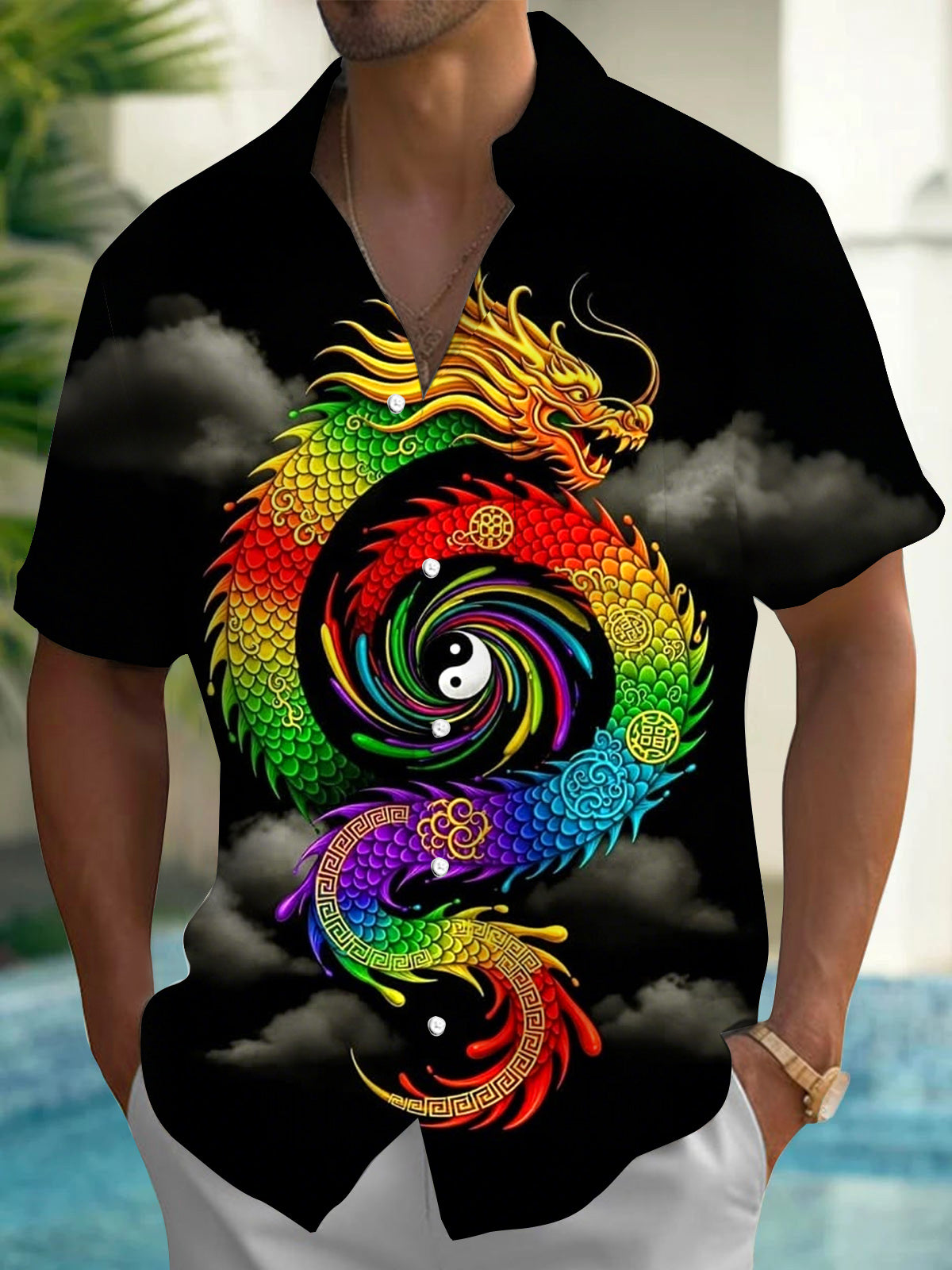 Colorful Dragon Tai Chi Print Men's Pocket Short Sleeve Shirts