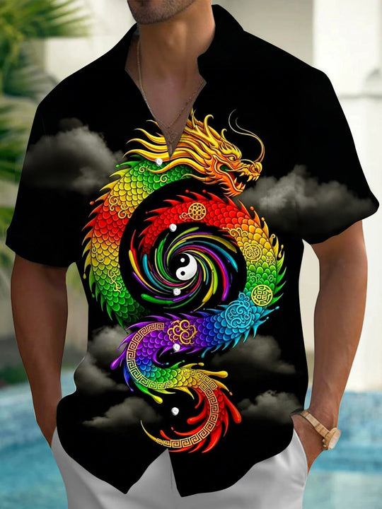 Colorful Dragon Tai Chi Print Men's Pocket Short Sleeve Shirts