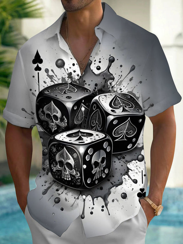 Poker Dice Skull Print Men's Pocket Short Sleeve Shirts