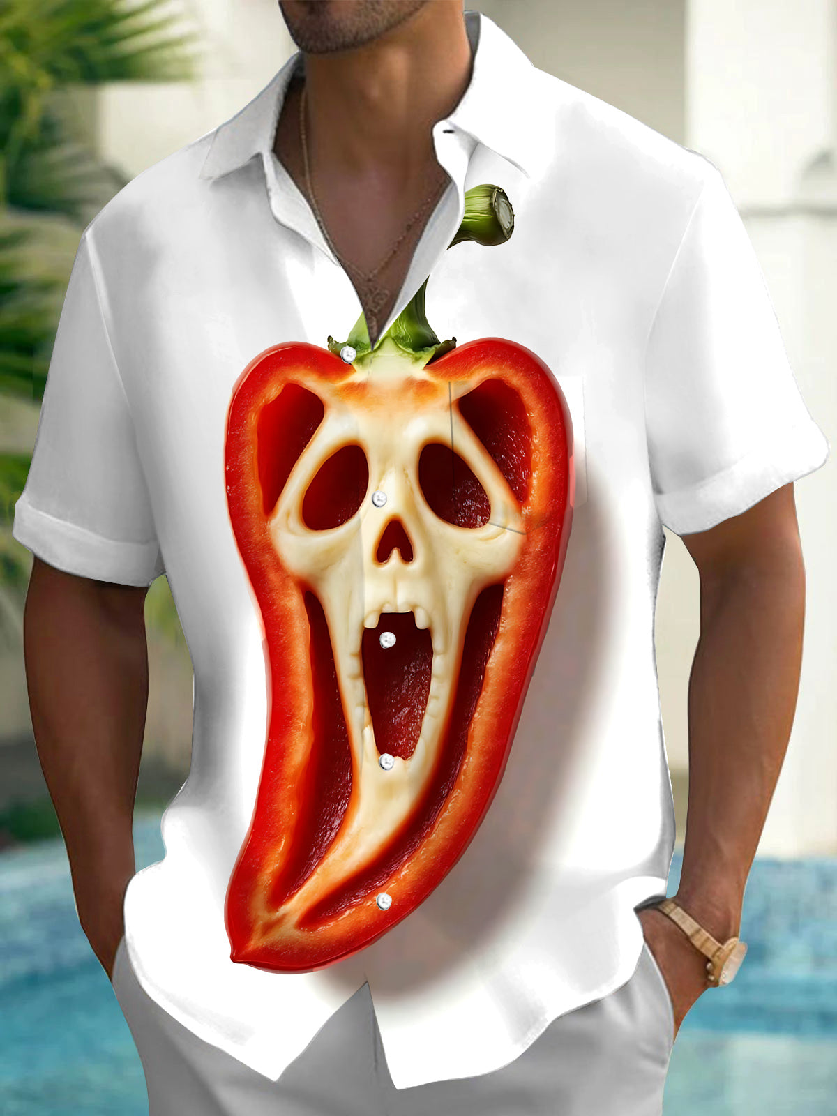 Skull Pepper Print Men's Pocket Short Sleeve Shirts