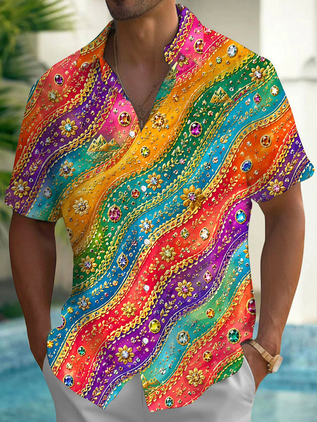 Colorful Gradient Striped Print Men's Pocket Short Sleeve Shirts