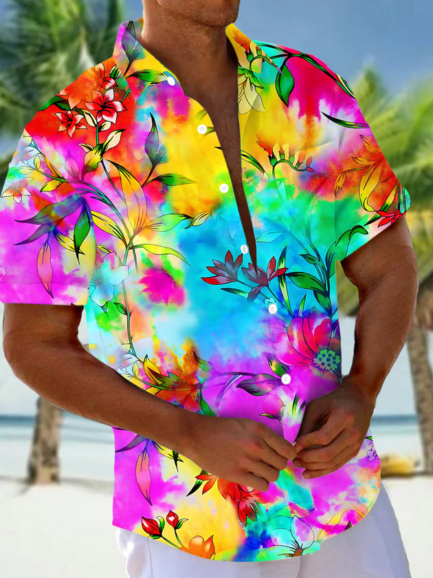 Colorful Gradient Floral Print Men's Pocket Short Sleeve Shirts