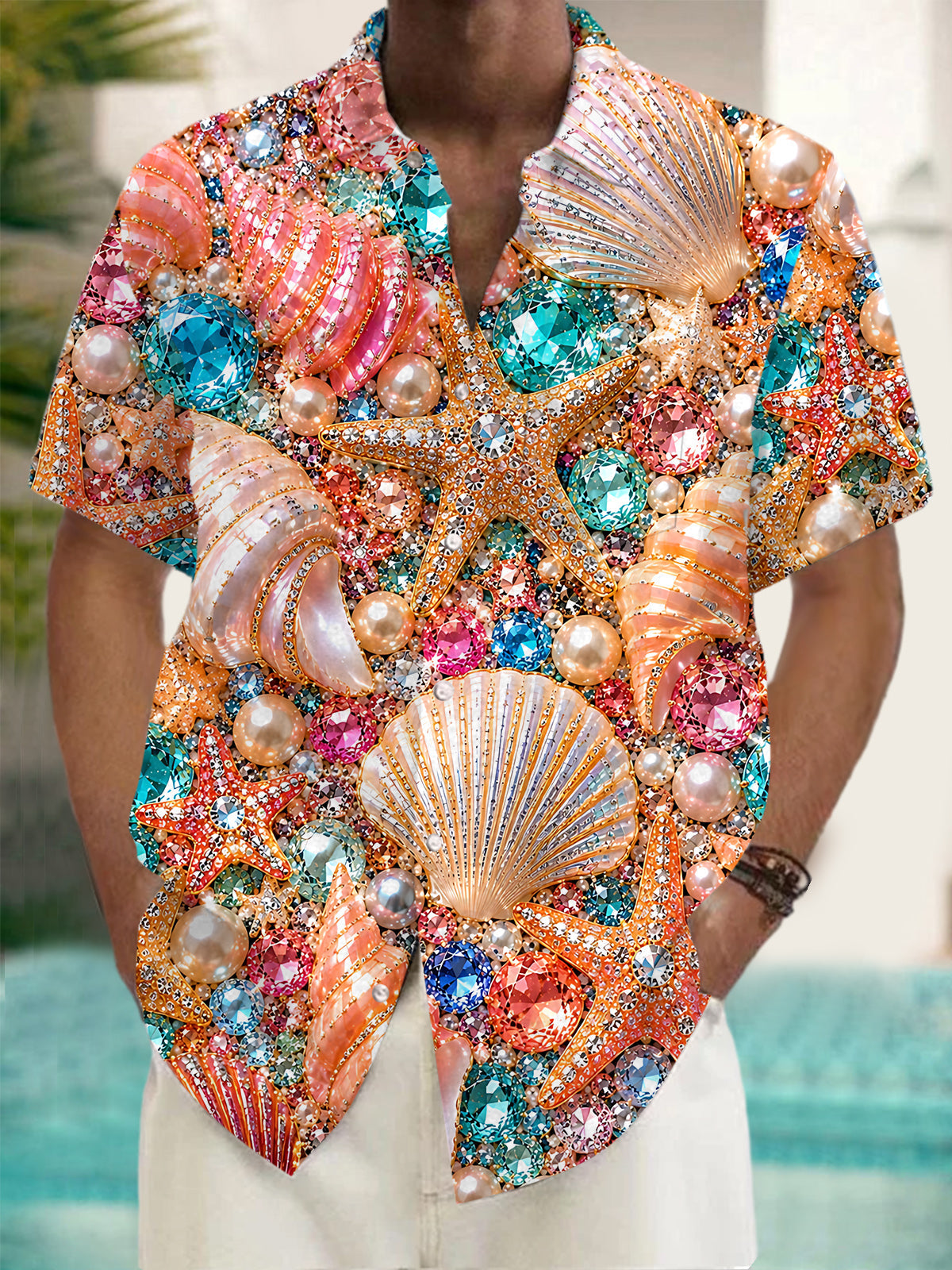 Ocean Pearl Shell Print Men's Pocket Short Sleeve Shirts