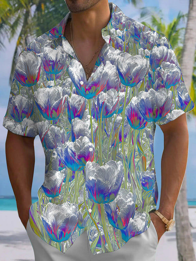 Tulip Floral Print Men's Pocket Short Sleeve Shirts