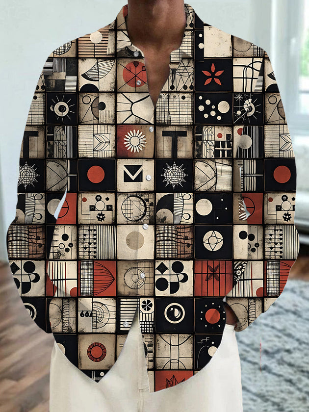 Vintage Abstract Geometric Print Men's Pocket Long Sleeve Shirts