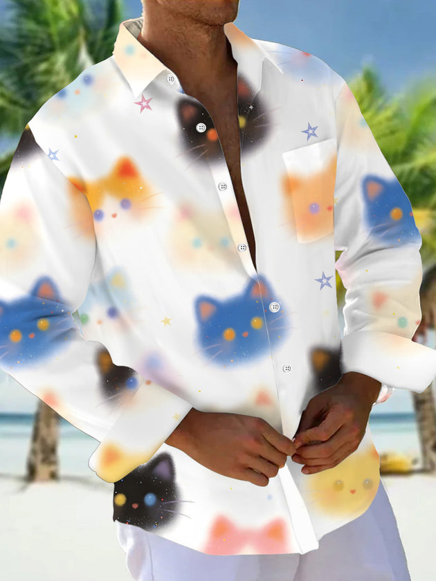 Cat Print Men's Pocket Long Sleeve Shirts