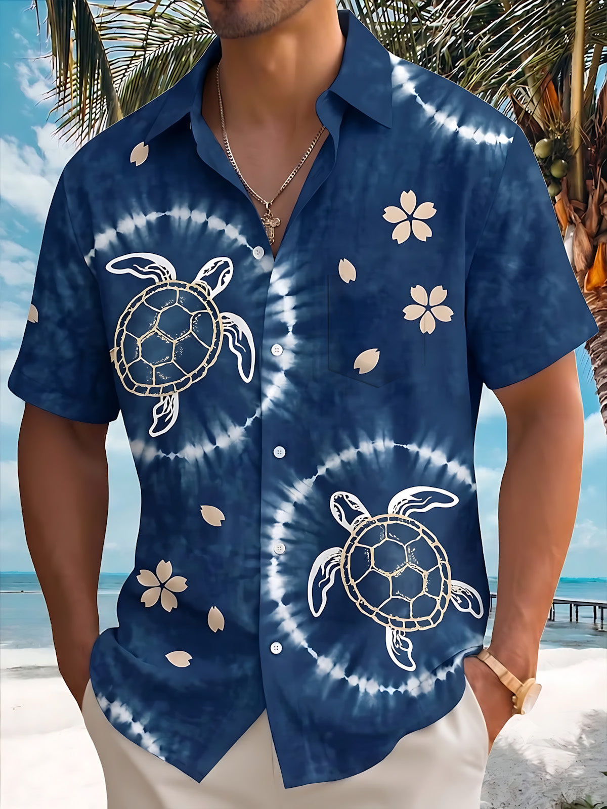 Tie Dye Turtle Floral Print Men's Pocket Short Sleeve Shirts