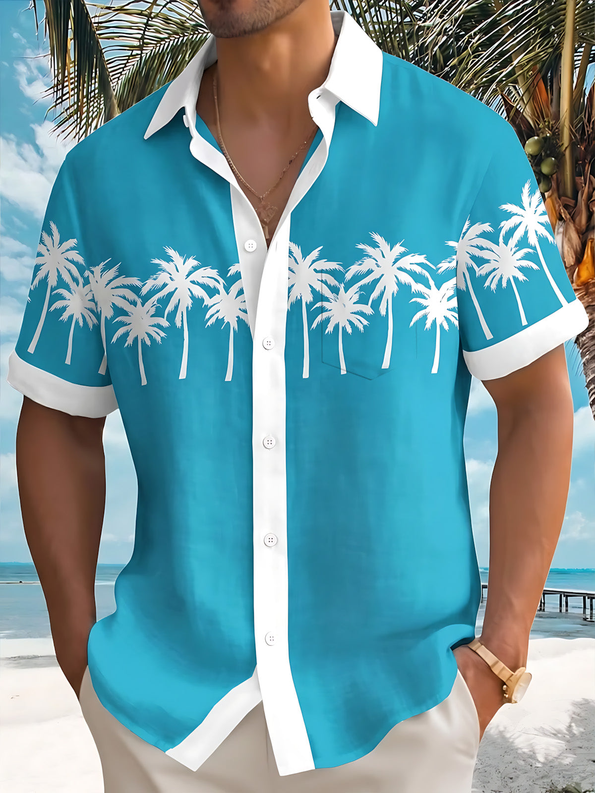 Hawaiian Palm Tree Print Men's Pocket Short Sleeve Shirts