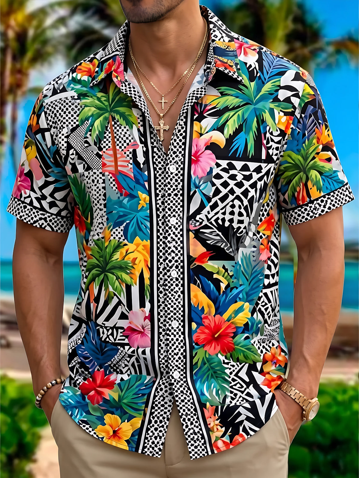 Adaychic Men's Hawaiian Tropical Floral Geometric Print Short Sleeve Button Down Shirt with Chest Pocket