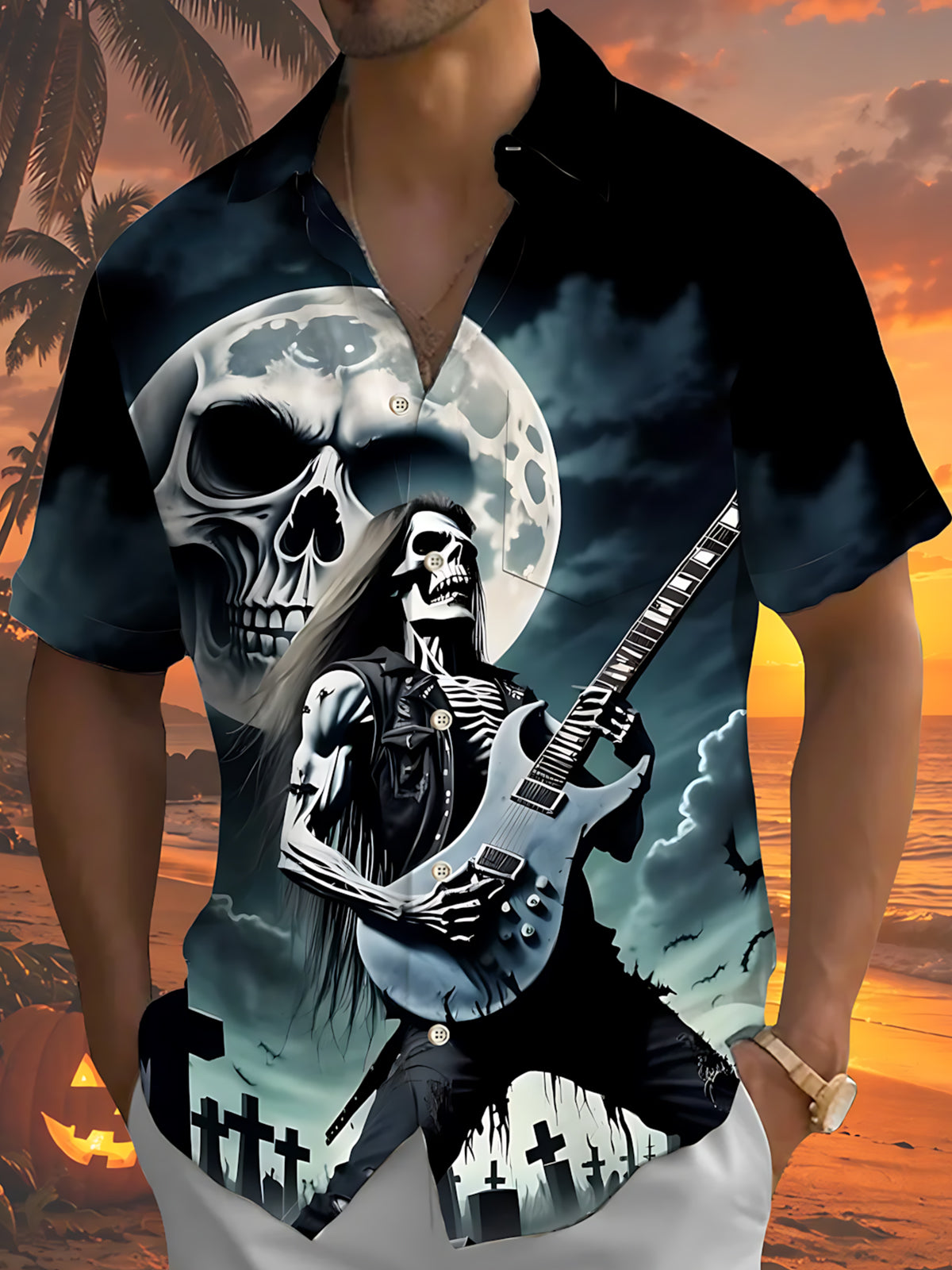 Dark Guitar Skull Print Men's Pocket Short Sleeve Shirts