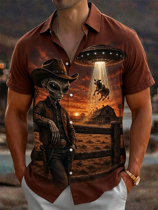 Western Cowboy Alien Print Men's Pocket Short Sleeve Shirts