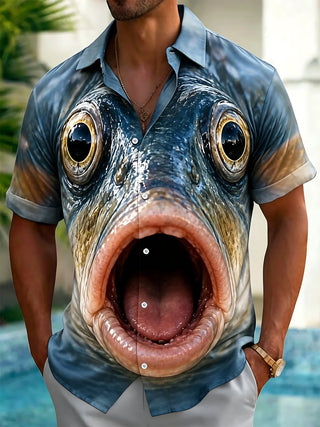 Adaychic Men's Graphic 3D Realistic Fish Face Print Short Sleeve Button Down Shirt with Chest Pocket
