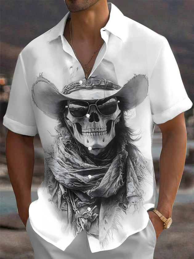 Western Cowboy Skull Print Men's Pocket Short Sleeve Shirts