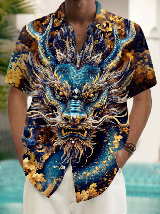 Dragon Print Men's Pocket Short Sleeve Shirts