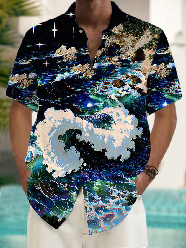 Wave Print Men's Pocket Short Sleeve Shirts
