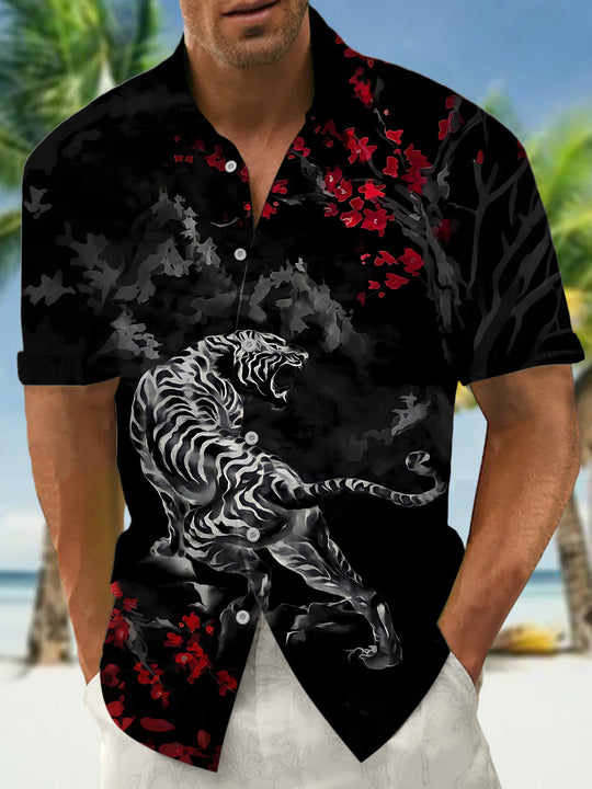 Tiger Flower Print Men's Pocket Short Sleeve Shirts