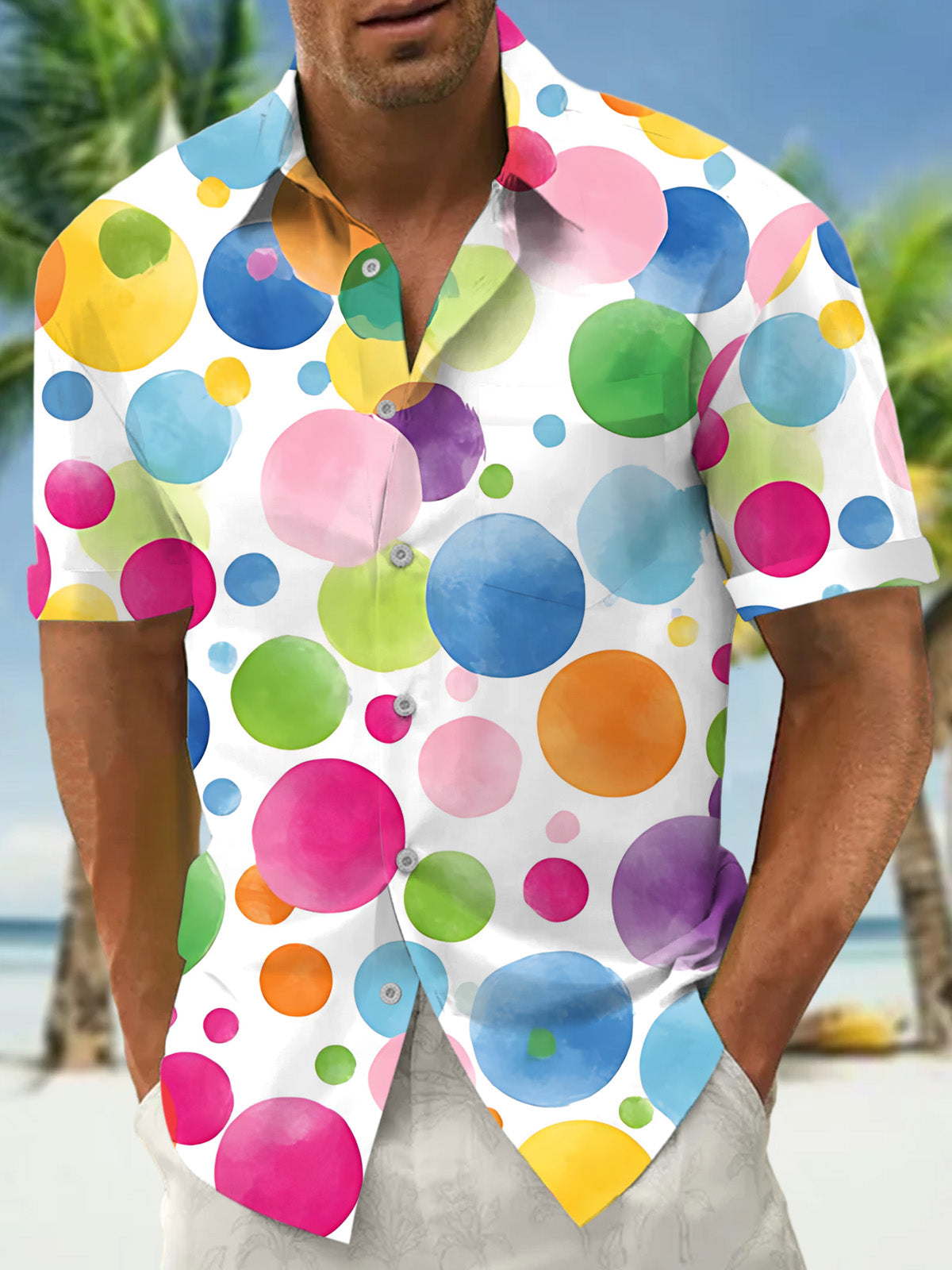 Colorful Geometric Polka Dot Print Men's Pocket Short Sleeve Shirts