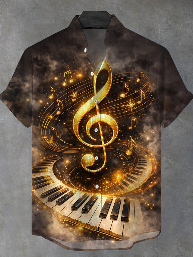Vintage Musical Note Piano Print Men's Pocket Short Sleeve Stand Collar Shirts