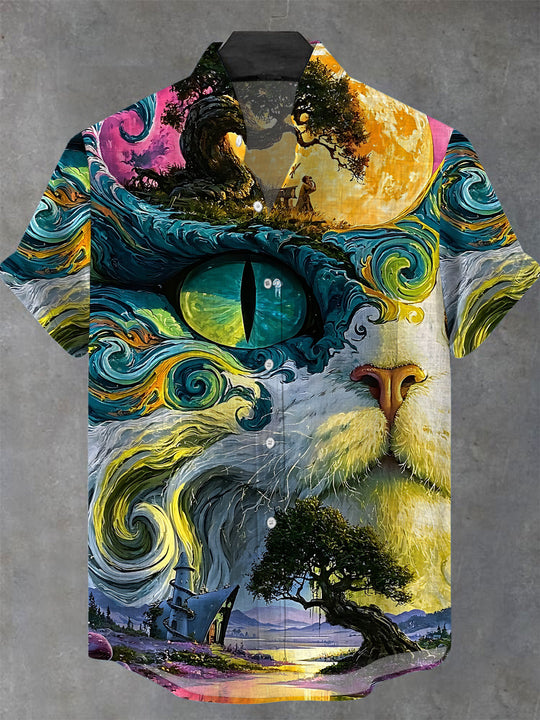 Fantasy Cat Art Print Men's Pocket Short Sleeve Stand Collar Shirts