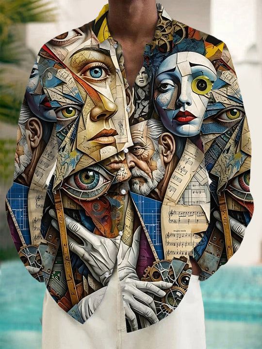 Face Music Art Print Men's Pocket Long Sleeve Shirts