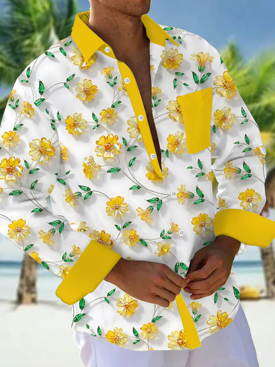 Floral Print Men's Pocket Long Sleeve Shirts