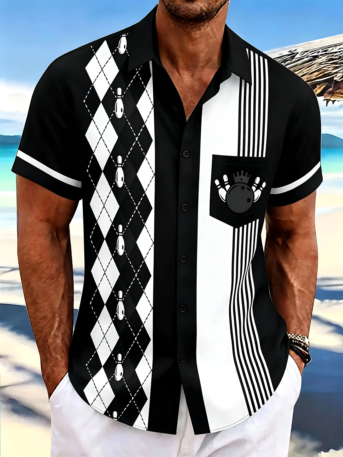 Bowling Geometric Print Men's Pocket Short Sleeve Shirts