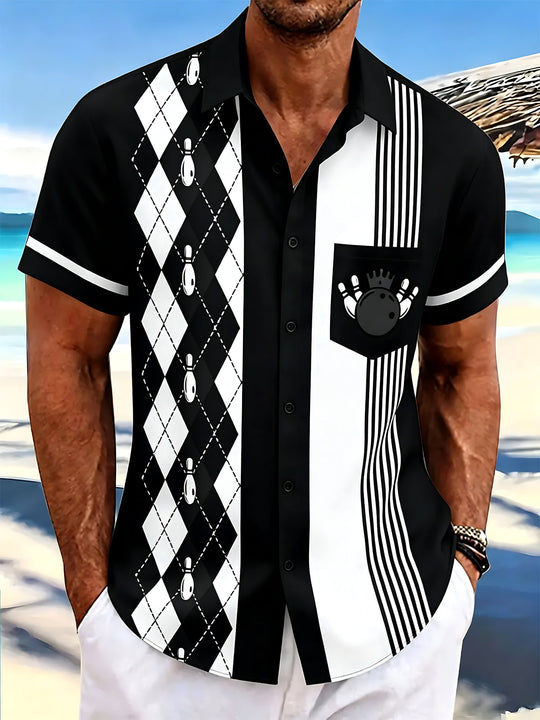 Bowling Geometric Print Men's Pocket Short Sleeve Shirts