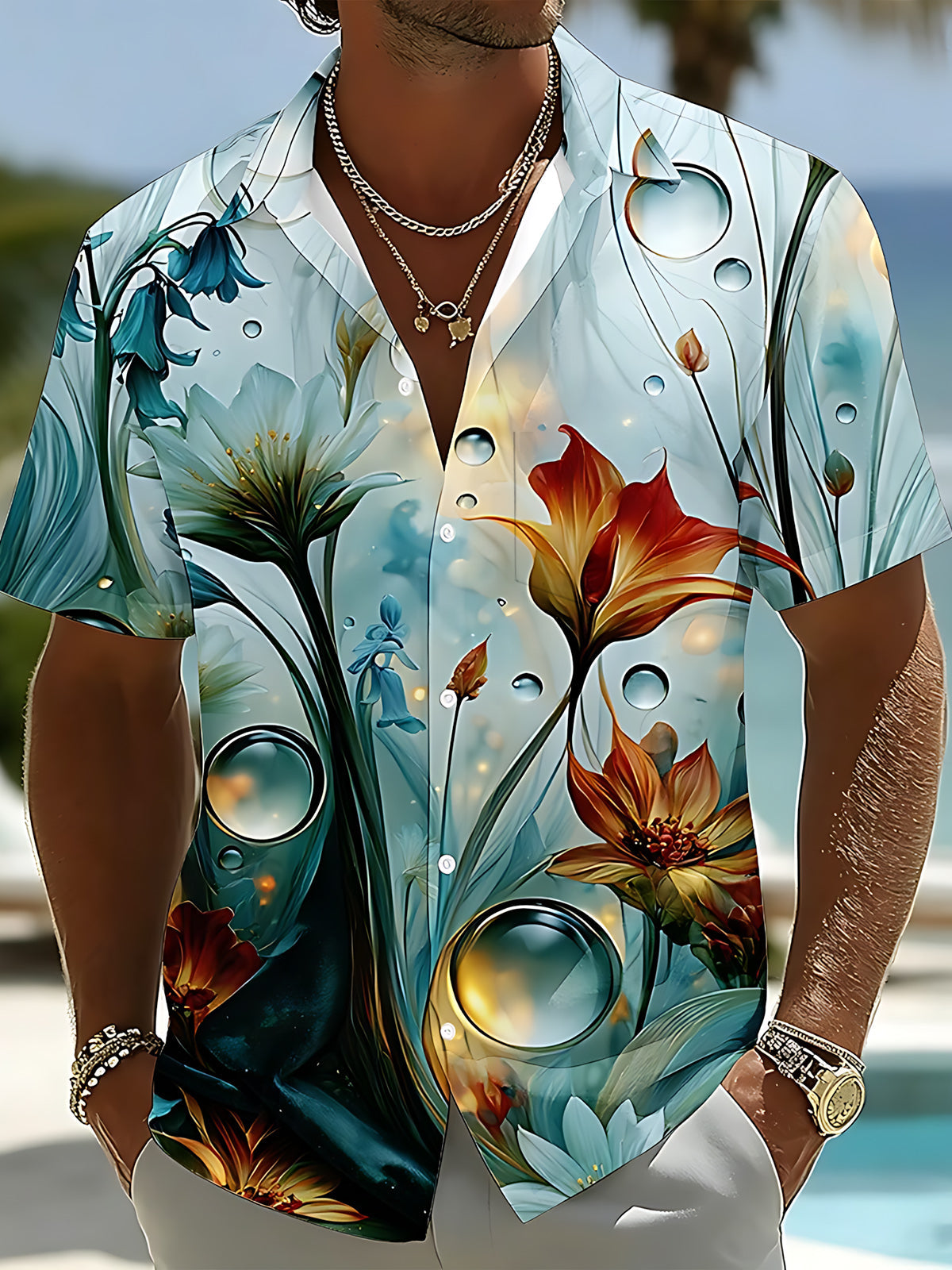 Plant Floral Print Men's Pocket Short Sleeve Shirts