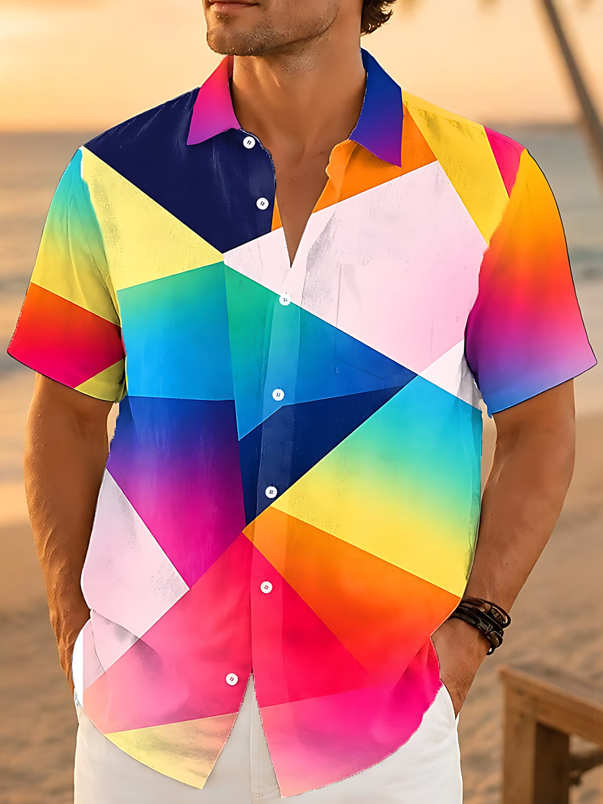 Colorful Gradient Geometric Print Men's Pocket Short Sleeve Shirts