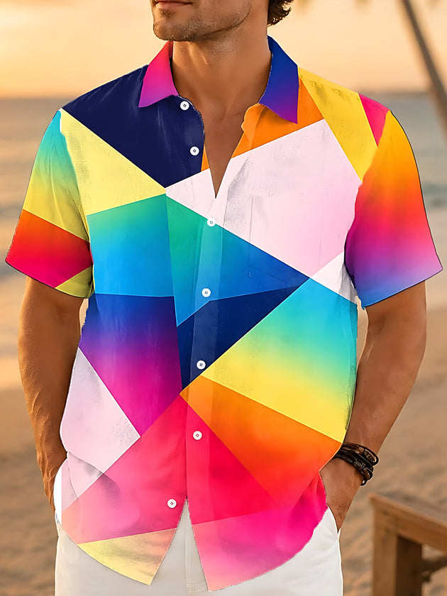 Colorful Gradient Geometric Print Men's Pocket Short Sleeve Shirts