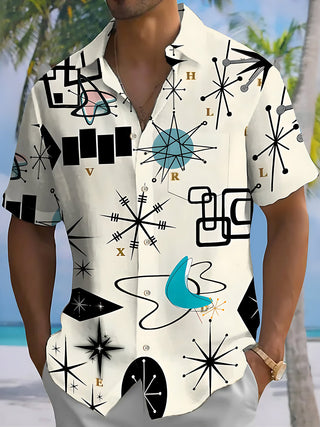 Adaychic Men's Geometric Abstract Retro Atomic Starburst Print Short Sleeve Button Down Shirt with Chest Pocket