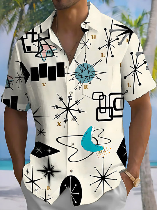 Vintage Abstract Geometric Line Print Men's Pocket Short Sleeve Shirts