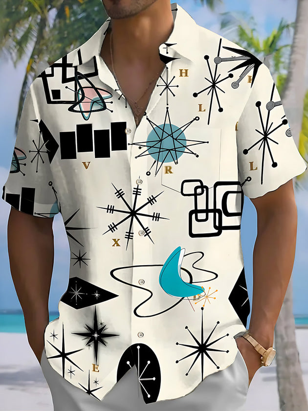 Vintage Abstract Geometric Line Print Men's Pocket Short Sleeve Shirts