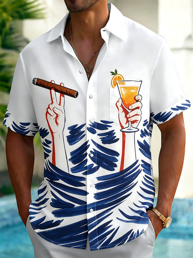 Cigar Cocktail Hawaiian Print Men's Pocket Short Sleeve Shirts
