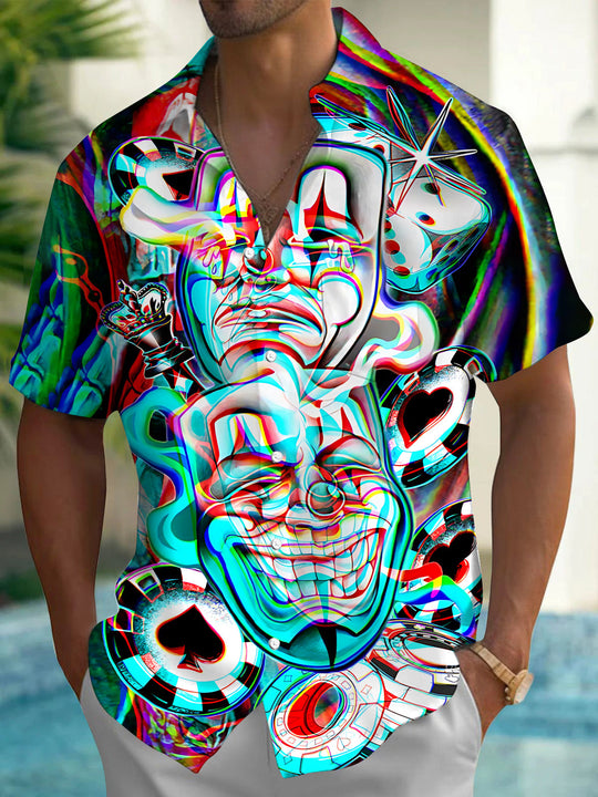 Clown Mask Print Men's Pocket Short Sleeve Shirts
