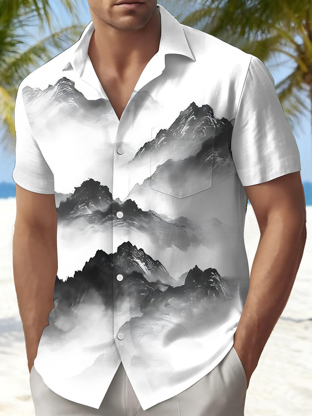 Ink Landscape Print Men's Pocket Short Sleeve Shirts