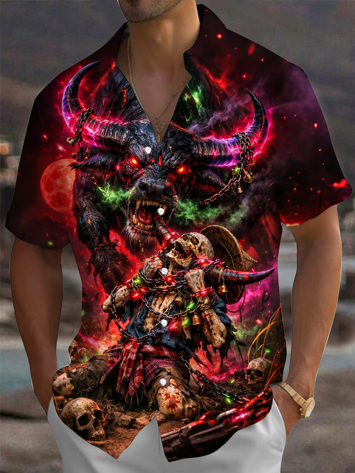 Dark Bull Demon Skull Print Men's Pocket Short Sleeve Shirts