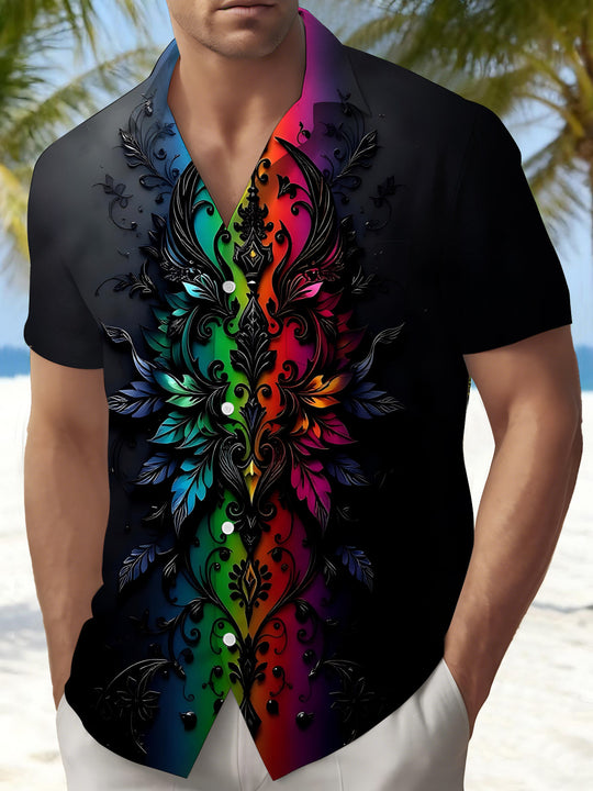 Colorful Gradient Floral Print Men's Pocket Short Sleeve Shirts