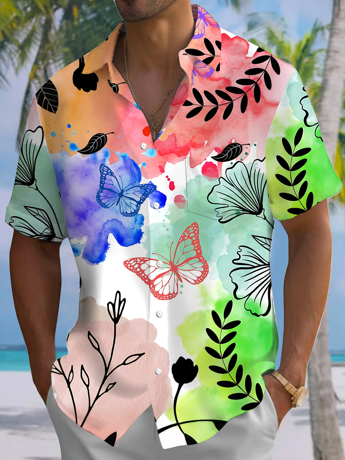 Tie Dye Butterfly Floral Print Men's Pocket Short Sleeve Shirts