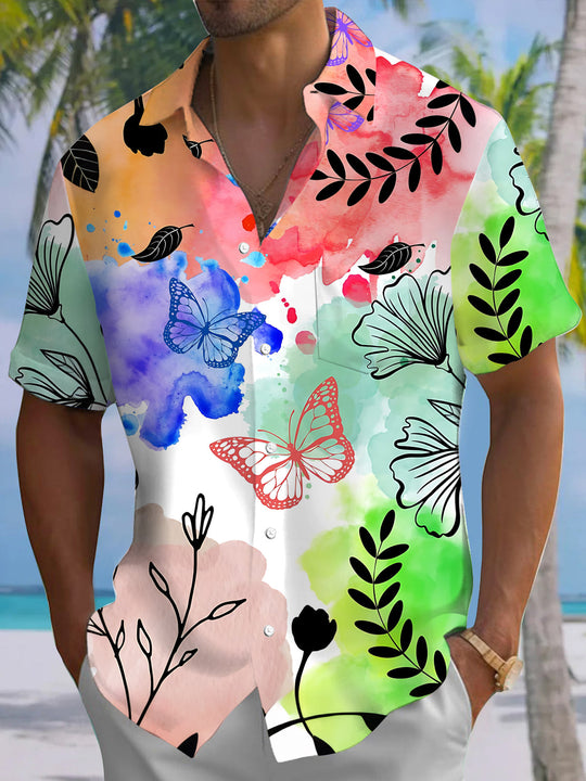 Tie Dye Butterfly Floral Print Men's Pocket Short Sleeve Shirts