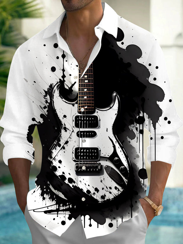 Guitar Print Men's Pocket Long Sleeve Shirts