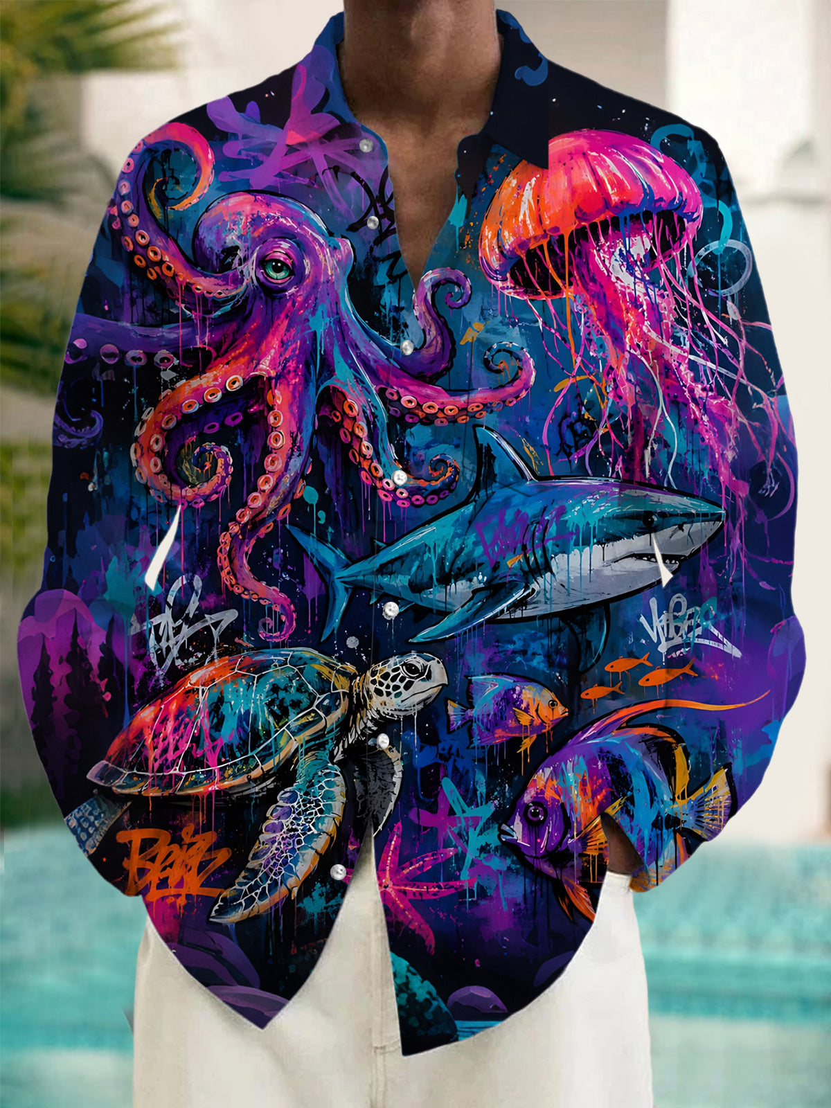 Marine Life Turtle Octopus Shark Jellyfish Print Men's Pocket Long Sleeve Shirts
