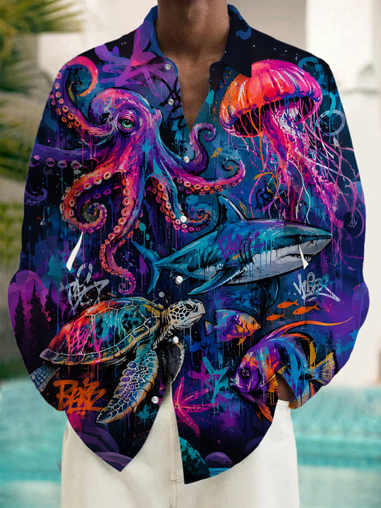 Marine Life Turtle Octopus Shark Jellyfish Print Men's Pocket Long Sleeve Shirts